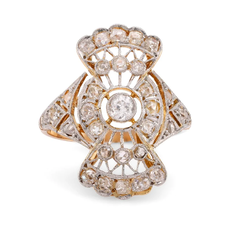 Women’s geometric rings-Women’s unique round cut engagement ring-Antique Diamond 18K Yellow and White Gold Filigree Ring