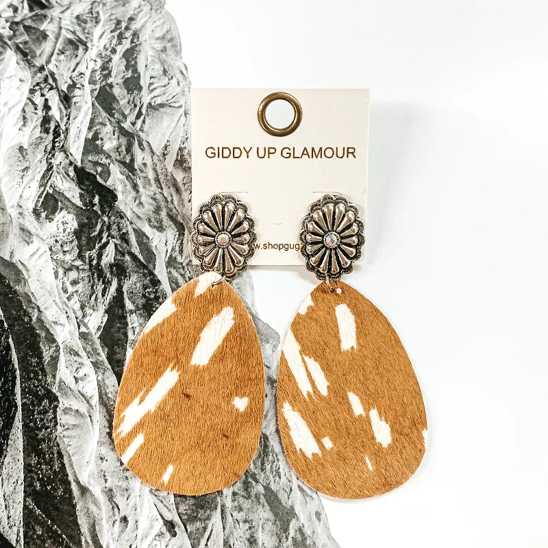 Women’s bridal earrings-Silver Tone Concho Stud Earrings with Hanging Teardrop in Tan Cow Print