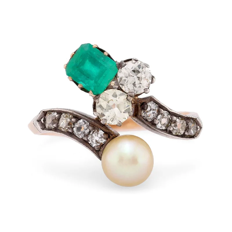 Women’s handmade rings-Women’s heirloom engagement ring-Belle Époque emerald pearl diamond 18k rose gold silver Toi Et Moi ring