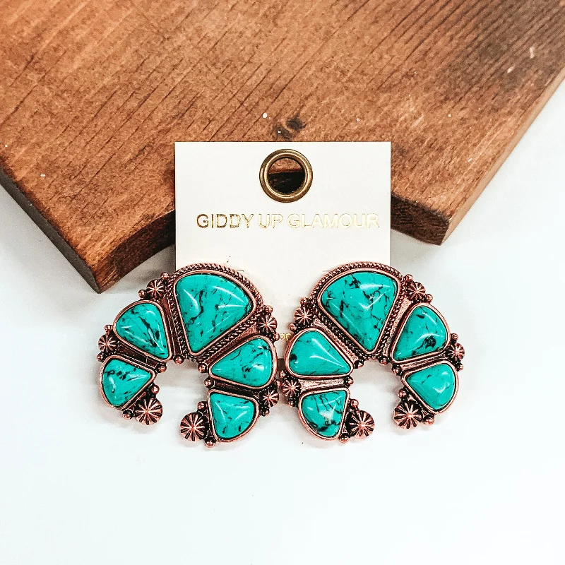 Women’s handmade silver earrings-Large Naja Turquoise Stone Earrings in Copper Tone