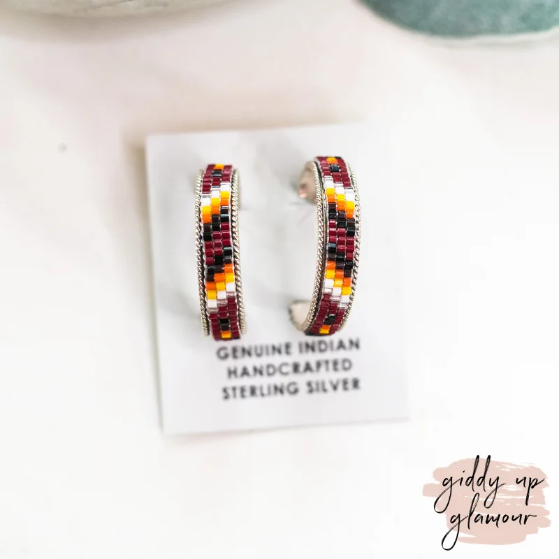 Women’s edgy earrings-Navajo | Navajo Handmade Multi Colored Aztec Beaded Hoop Earrings in Maroon #4