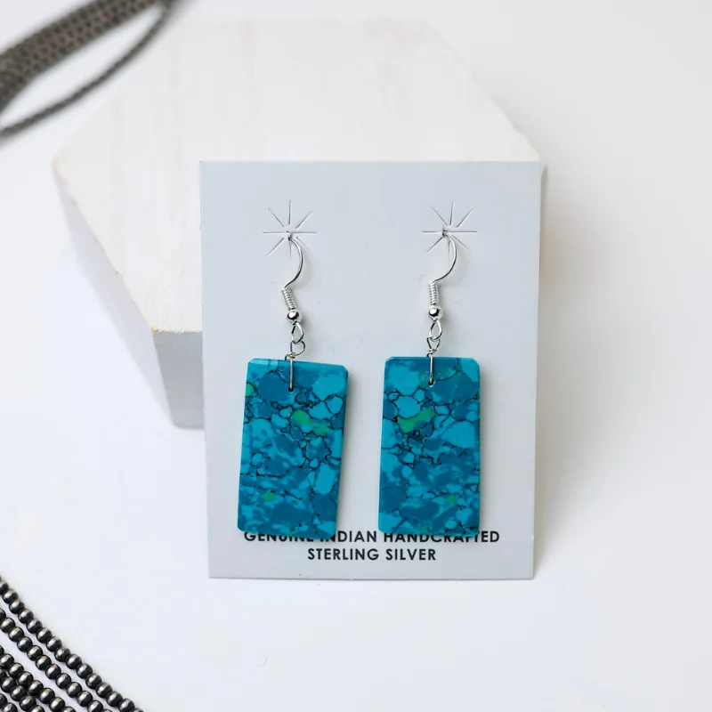 Women’s diamond stud earrings-Corraine Smith | Navajo Handmade Turquoise Rectangle Slab Earrings in Deep Teal