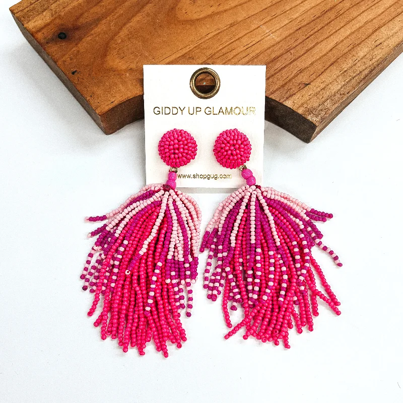 Women’s white gold earrings-Seed Bead Tassel Earrings In Fuchsia and Light Pink