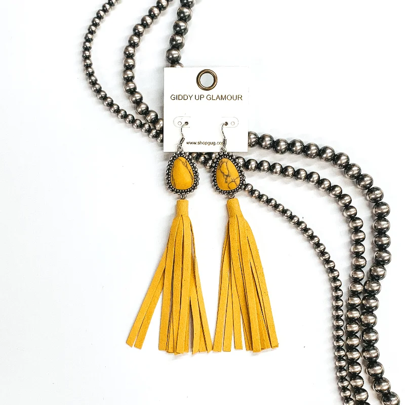 Women’s sparkling earrings-Point the Way Yellow Stone Earrings with Faux Leather Tassels in Yellow