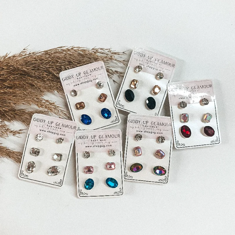 Women’s dainty earrings-Buy 3 for $10 | Pack of Three | Faux Crystal Stud Earrings in Ovals