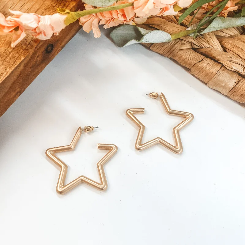 Women’s round stud earrings-Small Star Hoop Earrings in Matte Gold