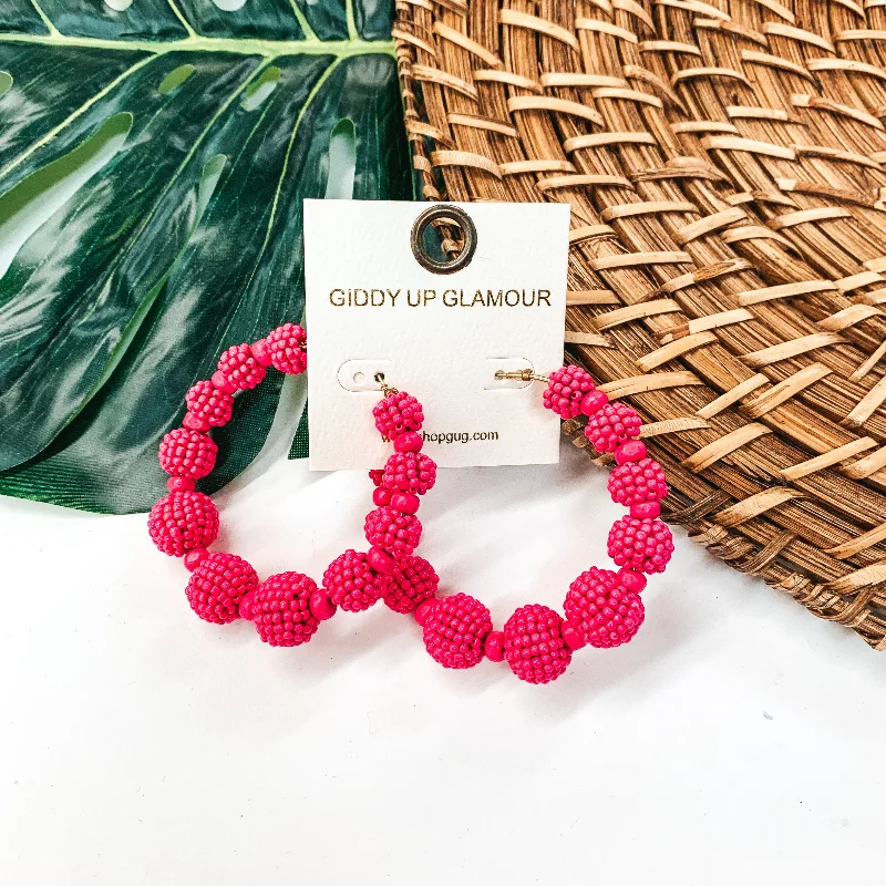 Women’s small hoop earrings-Seed Beaded Ball Hoop Earrings in Fuchsia