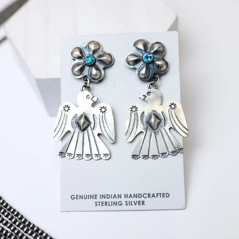 Women’s hypoallergenic earrings-Tim Yazzie | Navajo Handmade Sterling Silver Flower Post Thunderbird Drop Earrings with Turquoise Stones