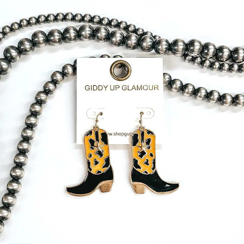 Women’s bold statement earrings-Kick Your Boots Up Cow Print Boot Hanging Pendant Earrings in Brown and Black