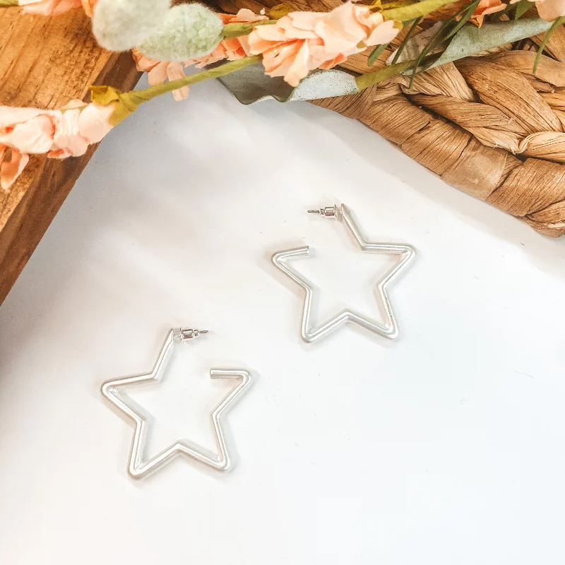 Women’s modern earrings-Small Star Hoop Earrings in Matte Silver