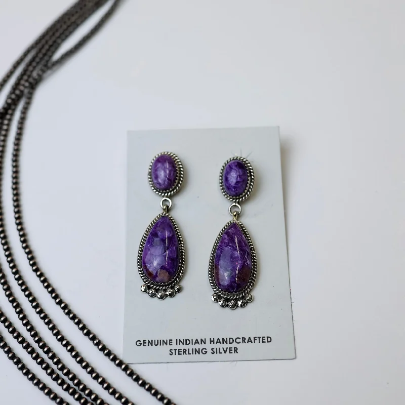 Women’s rose quartz earrings-Elouise Kee | Navajo Handmade Sterling Silver & Charoite Drop Earrings