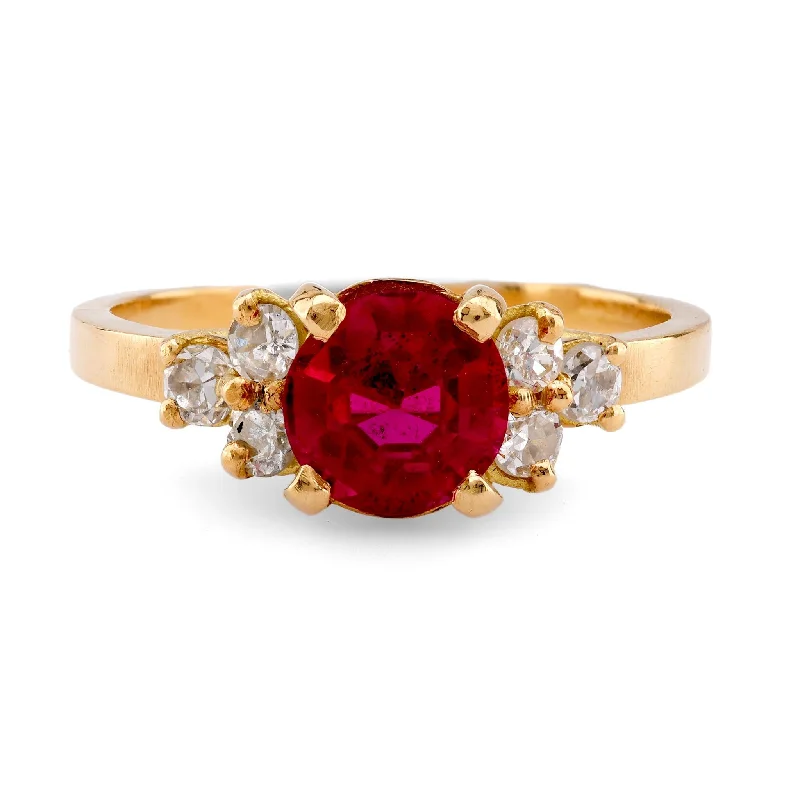 Women’s luxury diamond engagement rings-Women’s vintage diamond solitaire engagement ring-Vintage French Ruby Diamond 18K Yellow Gold Ring