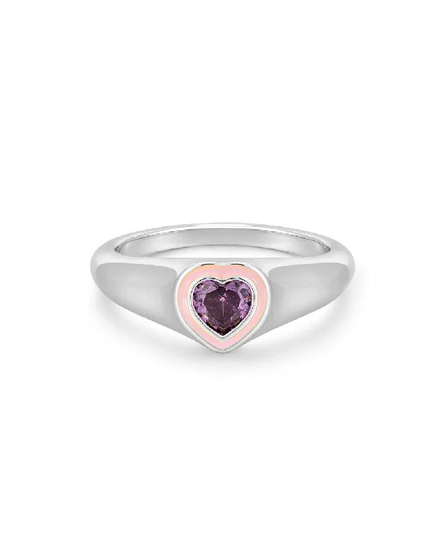 Women’s unique gemstone rings-Heart Signet Ring- Pink- Silver