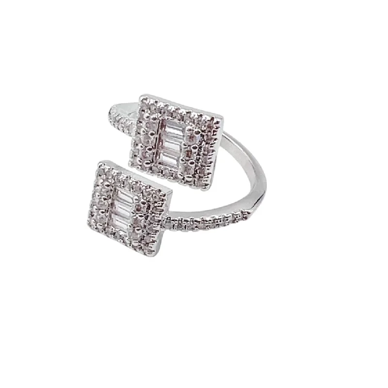 Women’s unique gold rings-Square Crystal Double Ring Silver P5