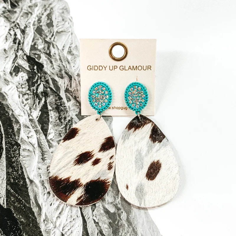 Women’s heart-shaped earrings-AB Crystal Turquoise Stud Earrings with Hanging Teardrop in Brown, Grey, and White Cow Print