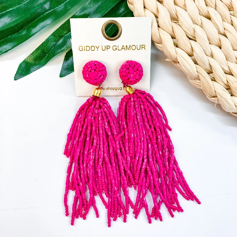 Women’s pink gemstone earrings-Crash My Party Seed Bead Tassel Earrings In Fuchsia