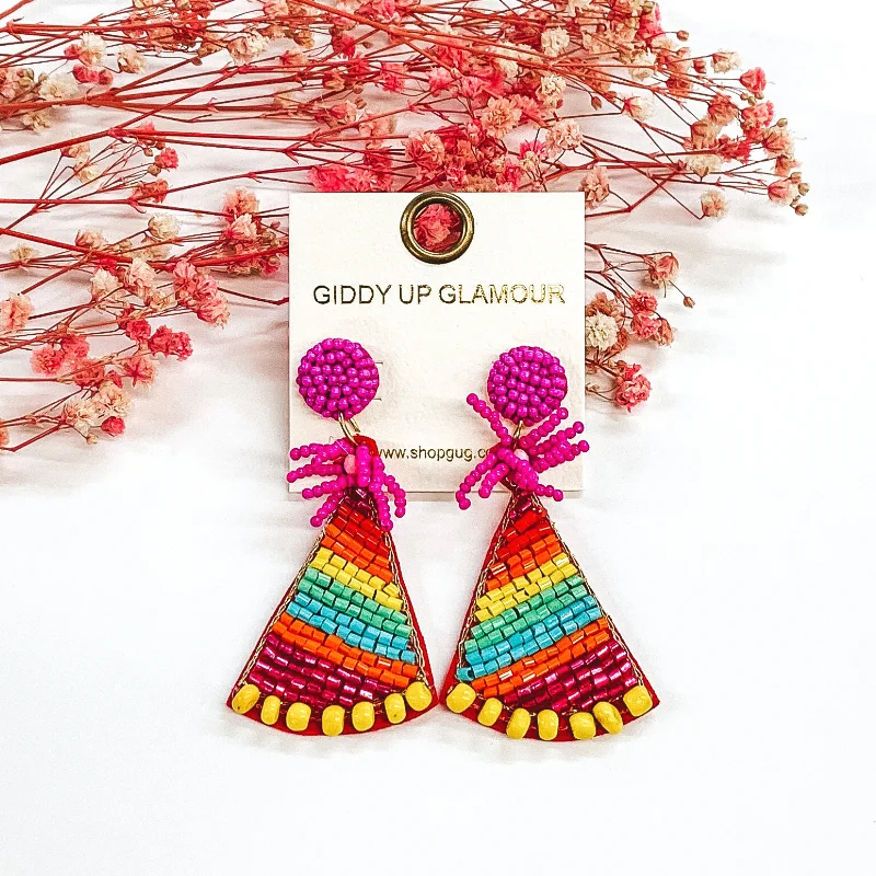 Women’s elegant earrings-Beaded Rainbow Birthday Party Hat Earrings in Fuchsia