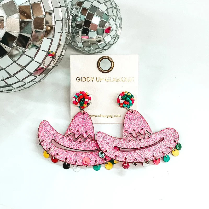 Women’s small stud earrings-Let's Fiesta! Glitter Hat Earrings In Pink