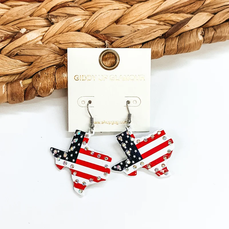 Women’s shell earrings-Texas Earrings with AB Crystals and US Flag