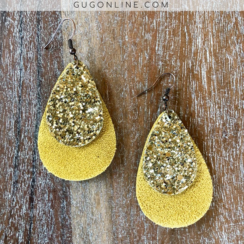 Women’s leather earrings-Small Leather Teardrop Earrings with Gold Glitter Accent in Mustard