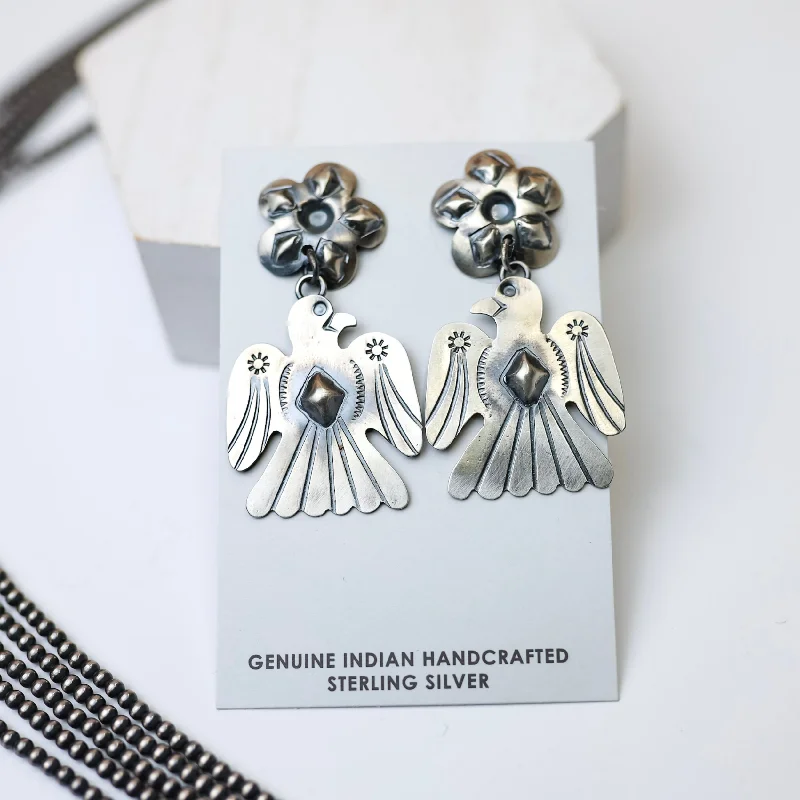 Women’s handmade silver earrings-Tim Yazzie | Navajo Handmade Sterling Silver Flower Post Thunderbird Drop Earrings