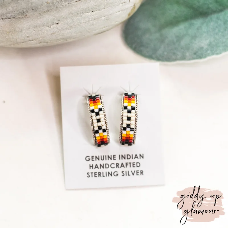 Women’s polished gold earrings-Navajo | Navajo Handmade Small Multi Colored Aztec Beaded Hoop Earrings in Ivory #1