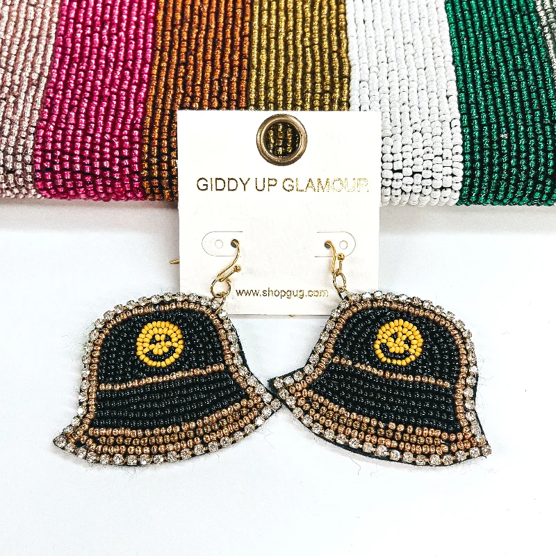 Women’s twisted rope earrings-Time To Travel Bucket Hat Beaded Earrings with Happy Face and Clear Rhinestones in Black and Gold Tone