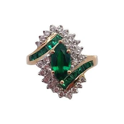 Women’s round cut diamond rings-Estate 14K Synthetic Emerald Bypass Ring