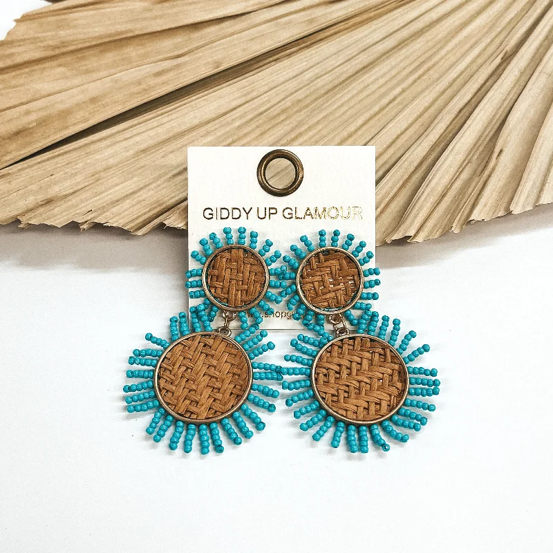 Women’s double hoop earrings-Seafront Views Two Tiered Woven Gold Circle Drop Earrings with Seedbeads in Turquoise