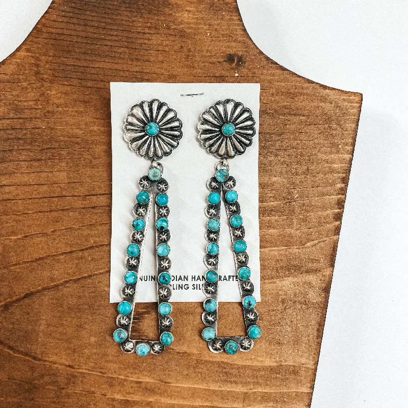 Women’s casual earrings-Eugene Charley | Navajo Handmade Sterling Silver Concho Post Earrings with Teardrop Outline Dangle with Turquoise Stones