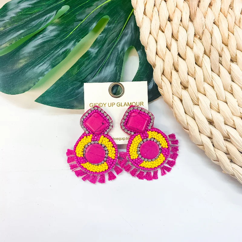 Women’s pearl and diamond earrings-Seed Bead Earrings With Stone In Fuchsia