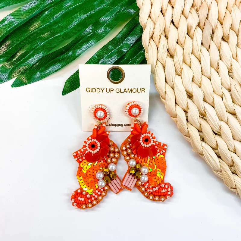 Women’s hoop earrings-Seed Bead Sea Horse Earrings with Pearls in Orange