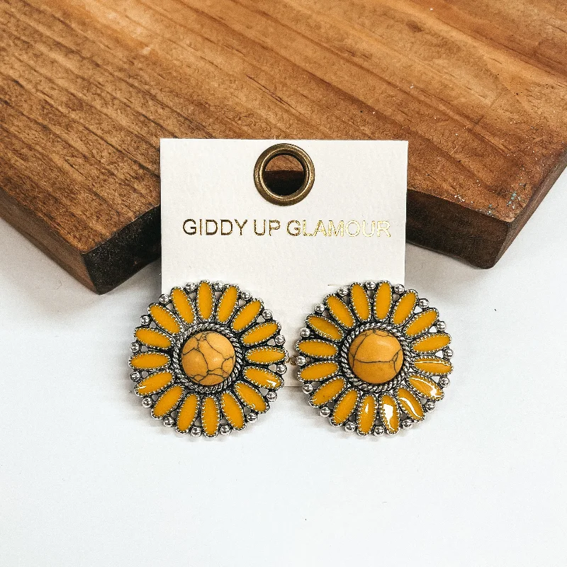 Women’s turquoise earrings-Circle Concho Cluster Epoxy Stud Earrings in Yellow