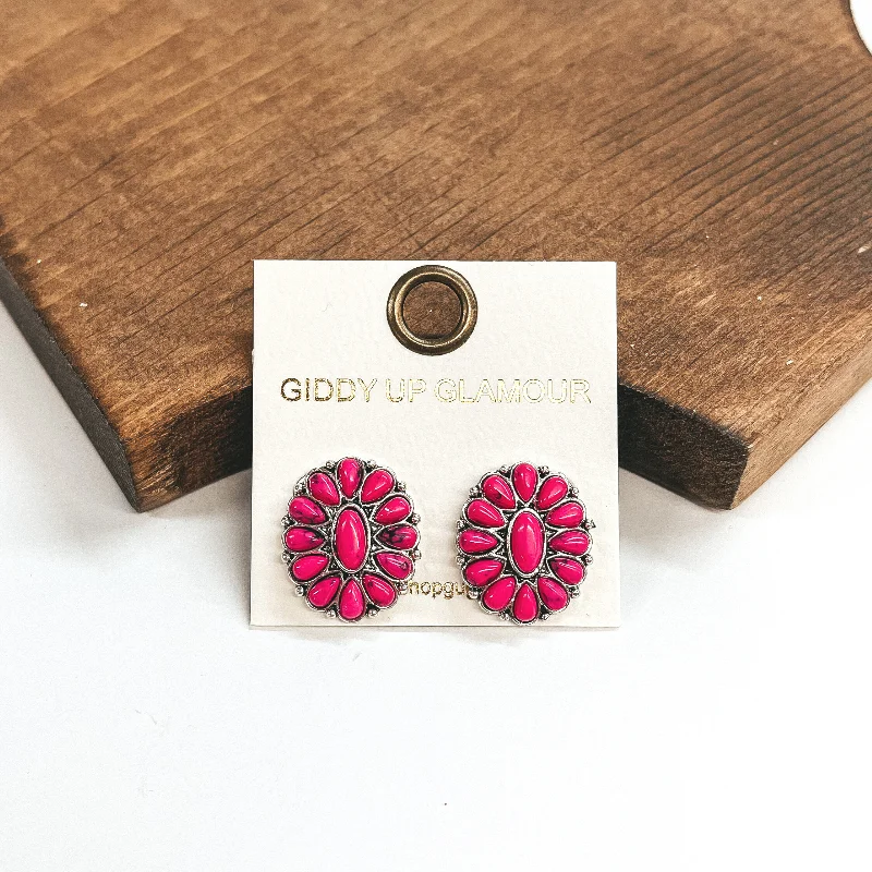 Women’s adjustable earrings-Silver Tone Concho Cluster Oval Earrings in Pink