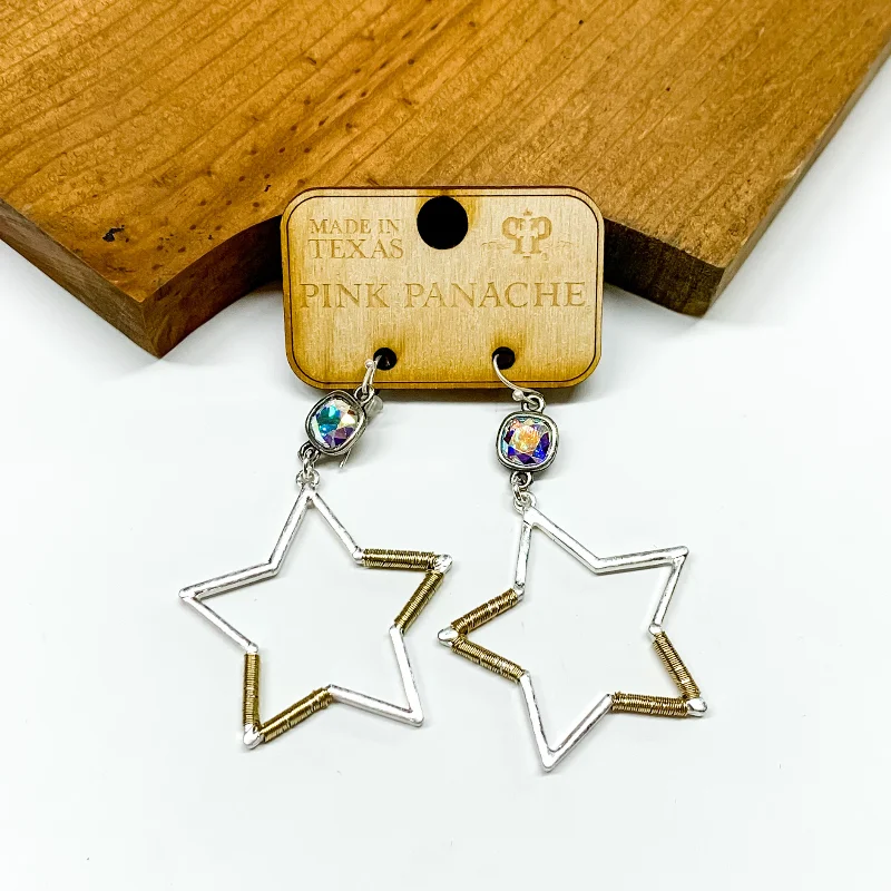 Women’s fashion earrings-Pink Panache | Silver and Gold Tone Star Earrings with AB Cushion Cut