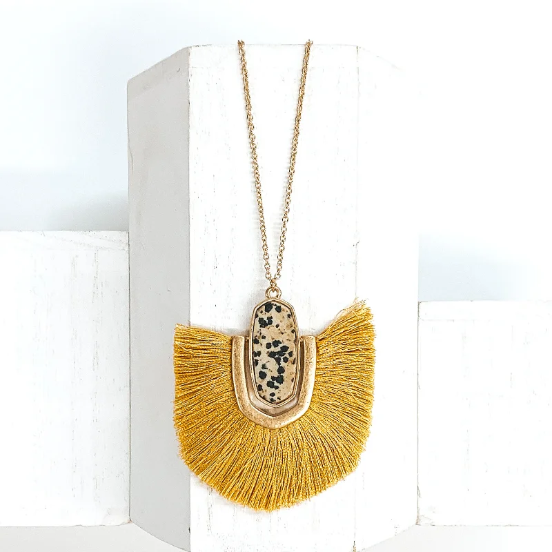 Women’s silver drop earrings-Long Gold Chain Necklace with a Semi Precious Oval Pendant and Fringe in Mustard