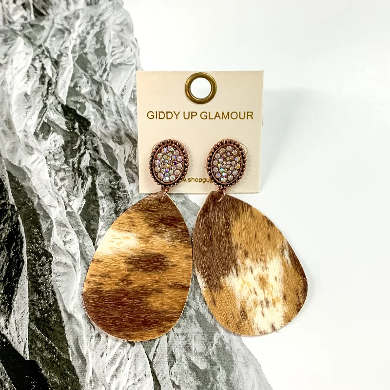 Women’s crystal earrings-AB Crystal Copper Tone Stud Earrings with Hanging Teardrop in Brown, Tan, and Ivory Cow Print