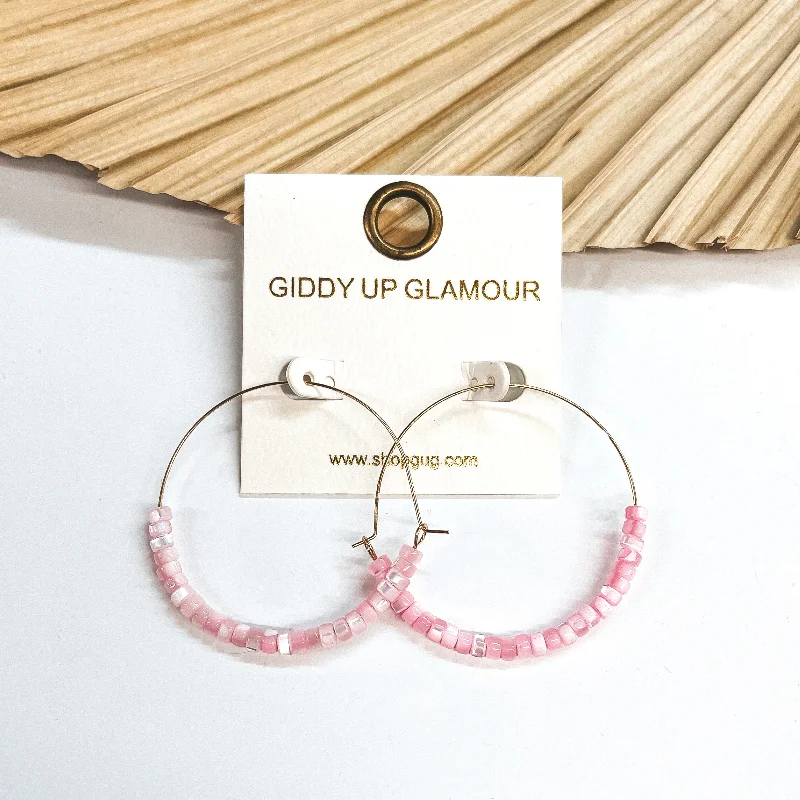 Women’s angel wing earrings-Beach Hustle Mother of Pearl Beaded Thin Gold Hoops in Pink