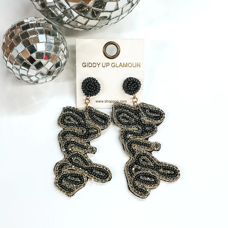 Women’s twisted hoop earrings-Beaded Bride Earrings with Grey Crystals in Black