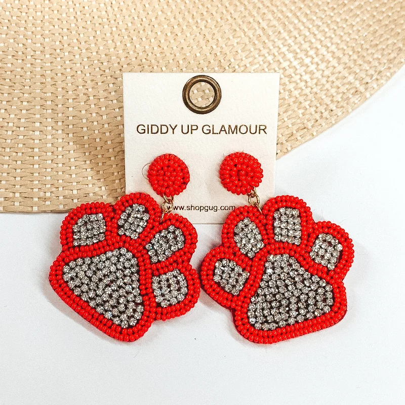 Women’s drop earrings-Beaded Paw Print Earrings with Clear Crystals in Red Orange