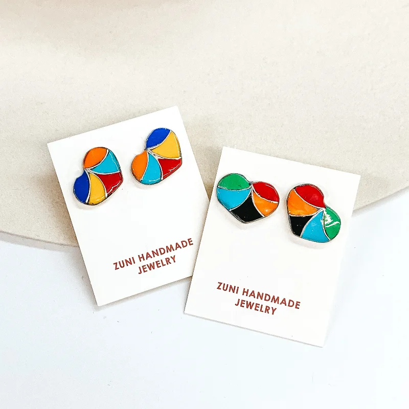 Women’s minimalist earrings-Karen Lalio | Zuni Handmade Sterling Silver Heart Stud Earrings with Multi Color Stone