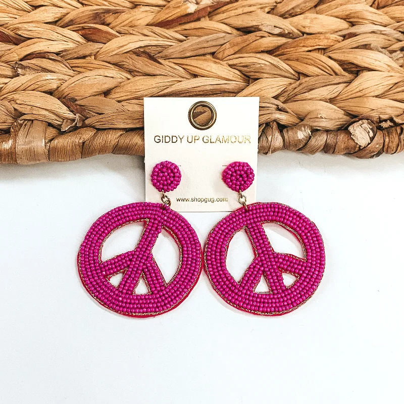 Women’s ear climber earrings-Seed Beaded Peace Sign Earrings in Fuchsia Pink