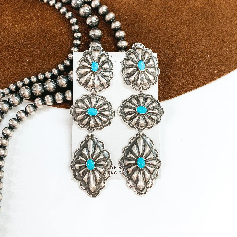 Women’s engraved earrings-RL Begay | Navajo Handmade Sterling Silver Concho Drop Earrings with Turquoise Stones