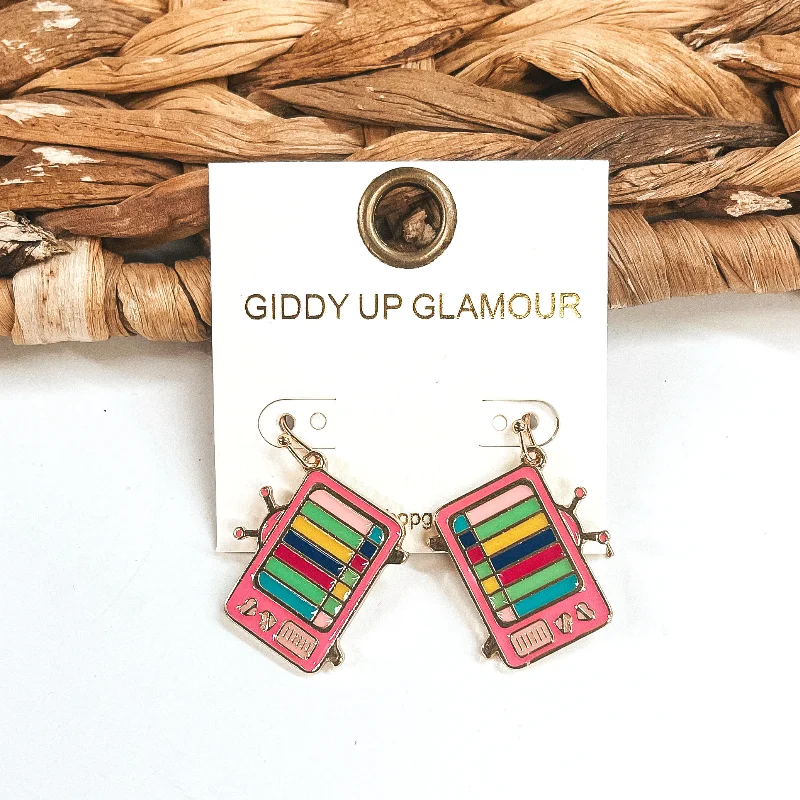 Women’s bohemian earrings-Retro Movie Nights Gold Tone Television Drop Earrings in Pink Mix