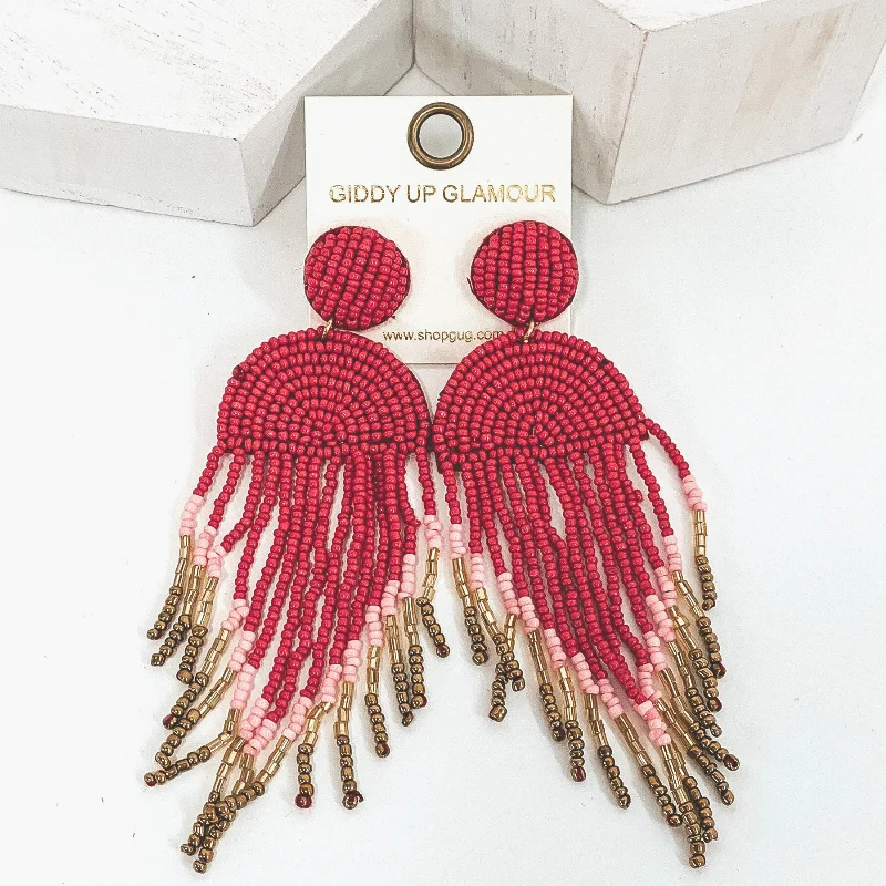 Women’s bohemian earrings-Semi Circle Drop Beaded Earrings with Tassels in Red