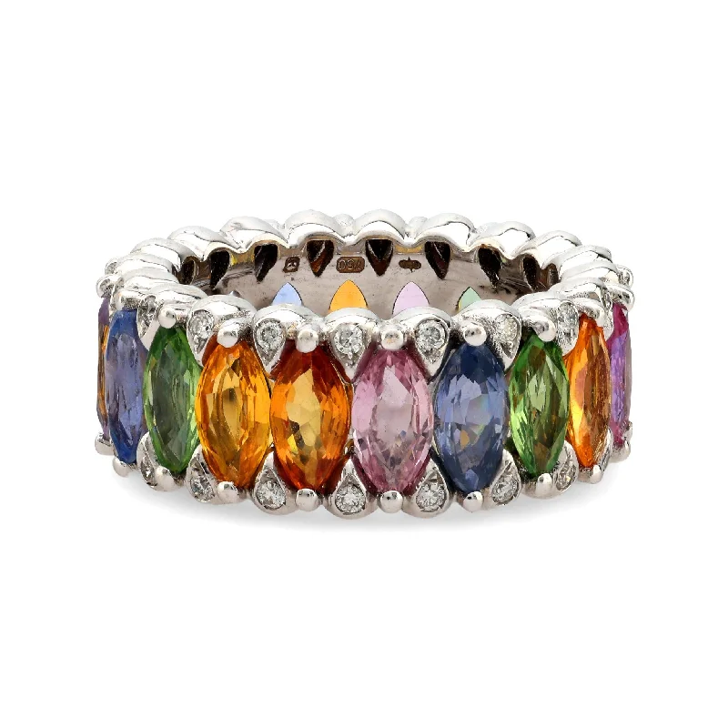 Women’s cocktail rings with gemstones-Women’s antique-style engagement ring-Vintage 8 carat multicolor sapphire diamond 18k white gold ring