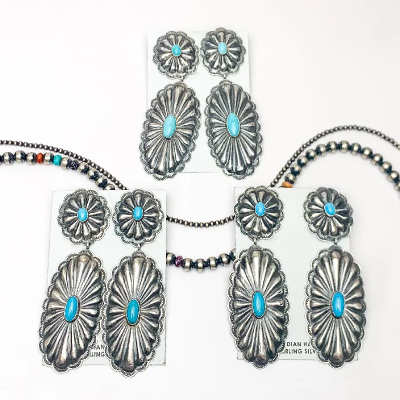 Women’s handmade beaded earrings-RL Begay | Navajo Handmade Sterling Silver Circle Concho Post Earrings with Oval Concho Dangle and Turquoise Stones