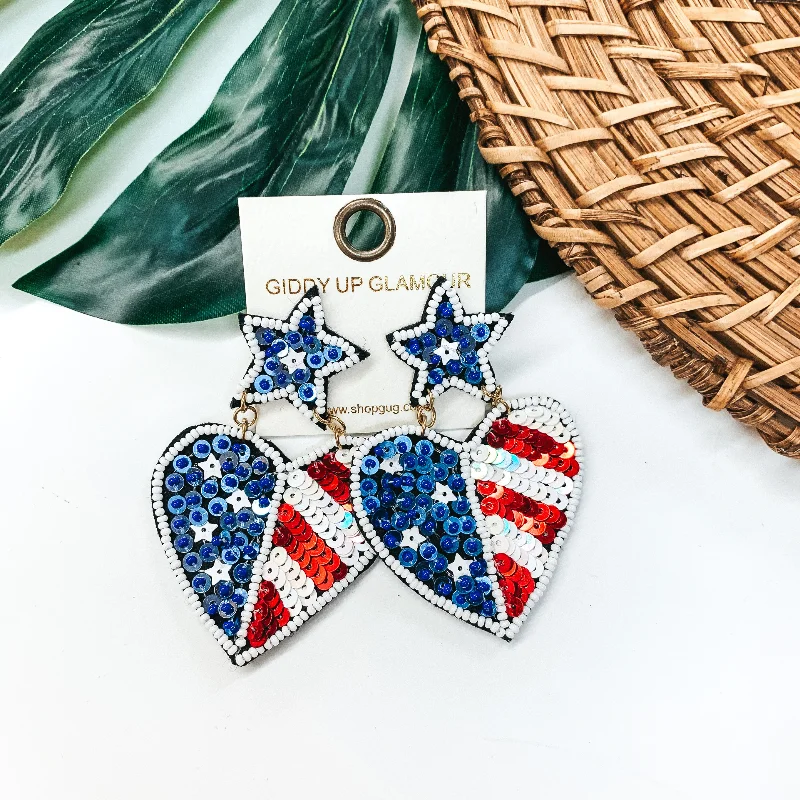 Women’s dangle earrings-American Flag Seed Beaded Heart Earrings