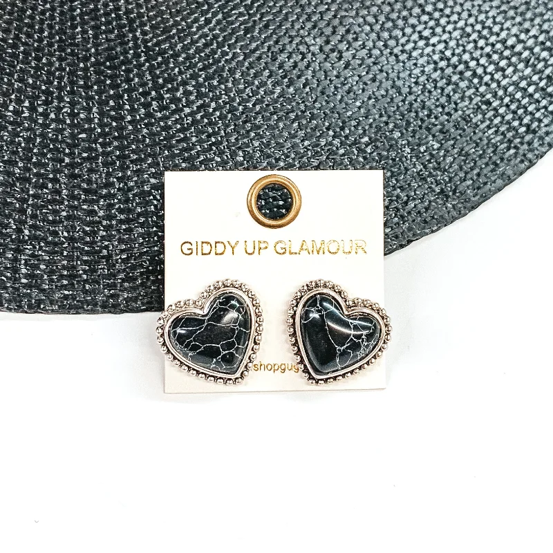 Women’s statement earrings-Stone Heart Earrings in Black