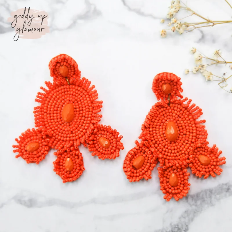 Women’s geometric earrings-Circular Beaded Statement Earrings in Coral Orange